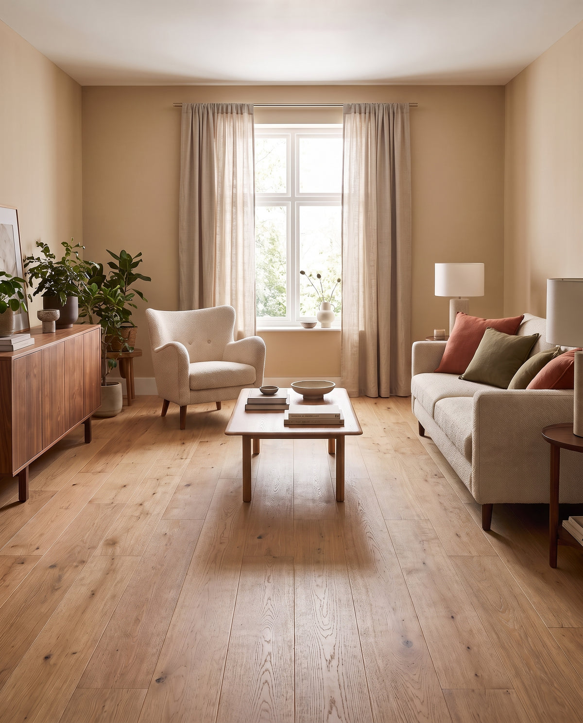 Pièce lumineuse sans tapis au sol en bois nu, avec canapé beige, fauteuil crème et meubles en bois