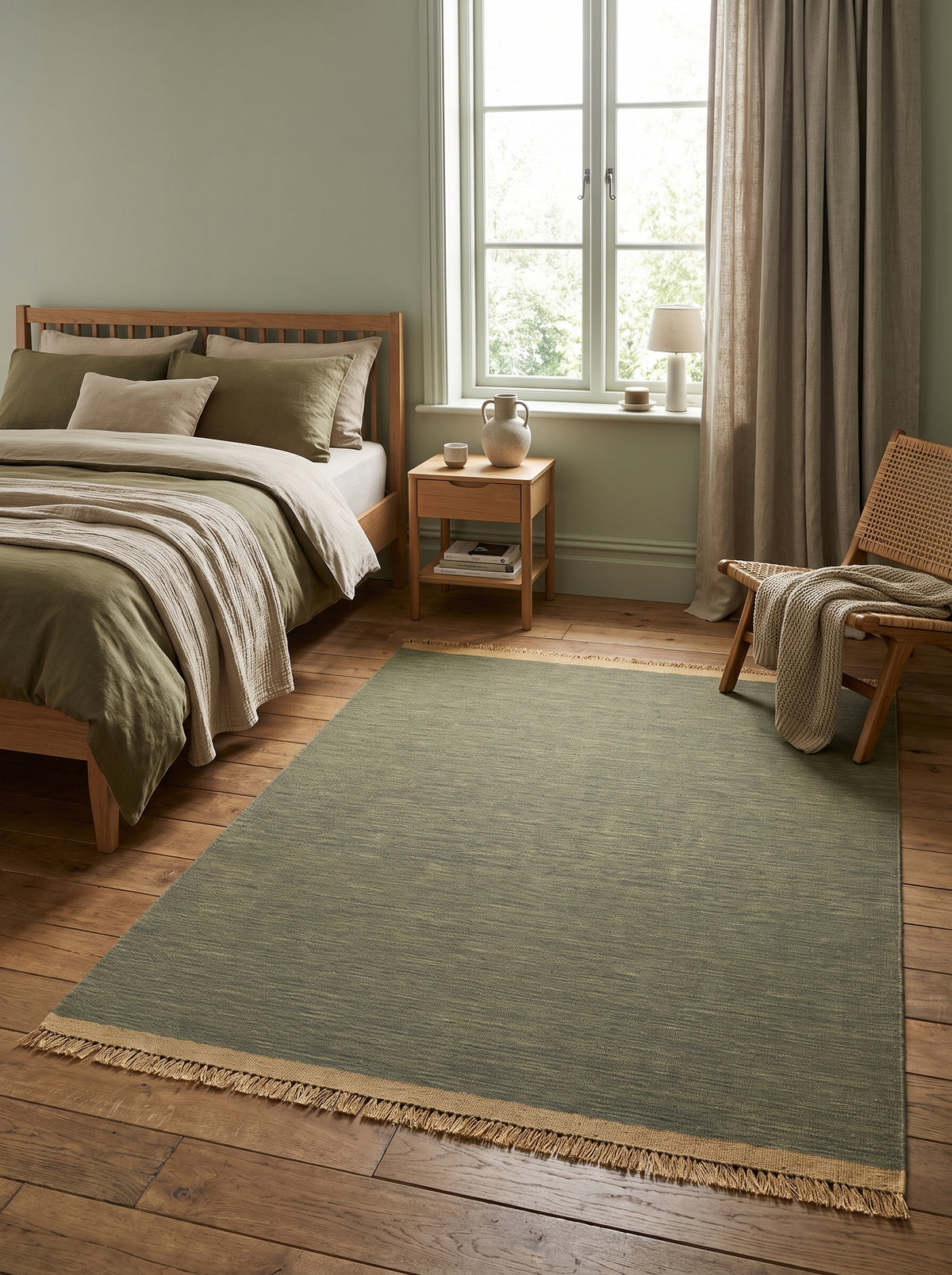 Vert olive nuancé pour ce tapis en laine tissée, offrant un motif discret, un bord clair et des franges visibles