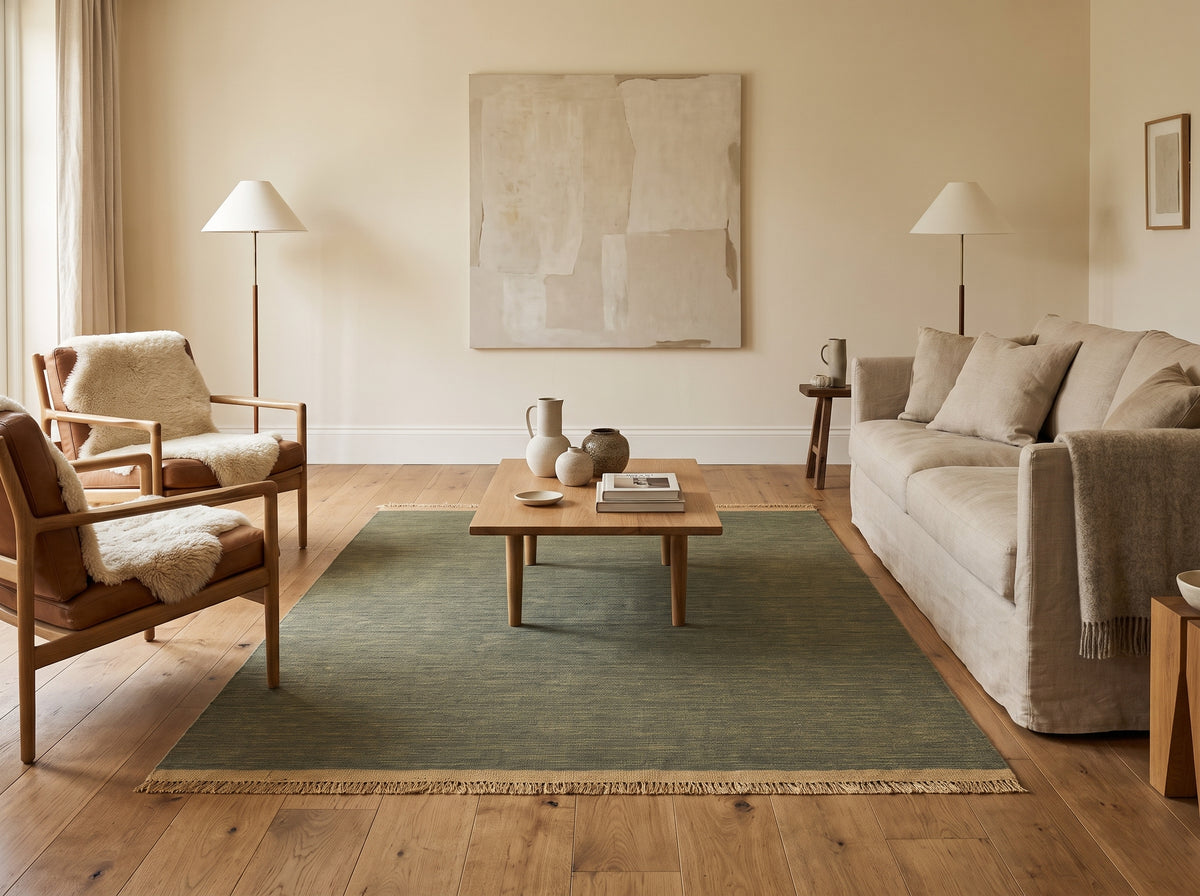 De la laine vert olive pour ce tapis aux fines variations de tissage, bordé de franges beiges, dans un salon