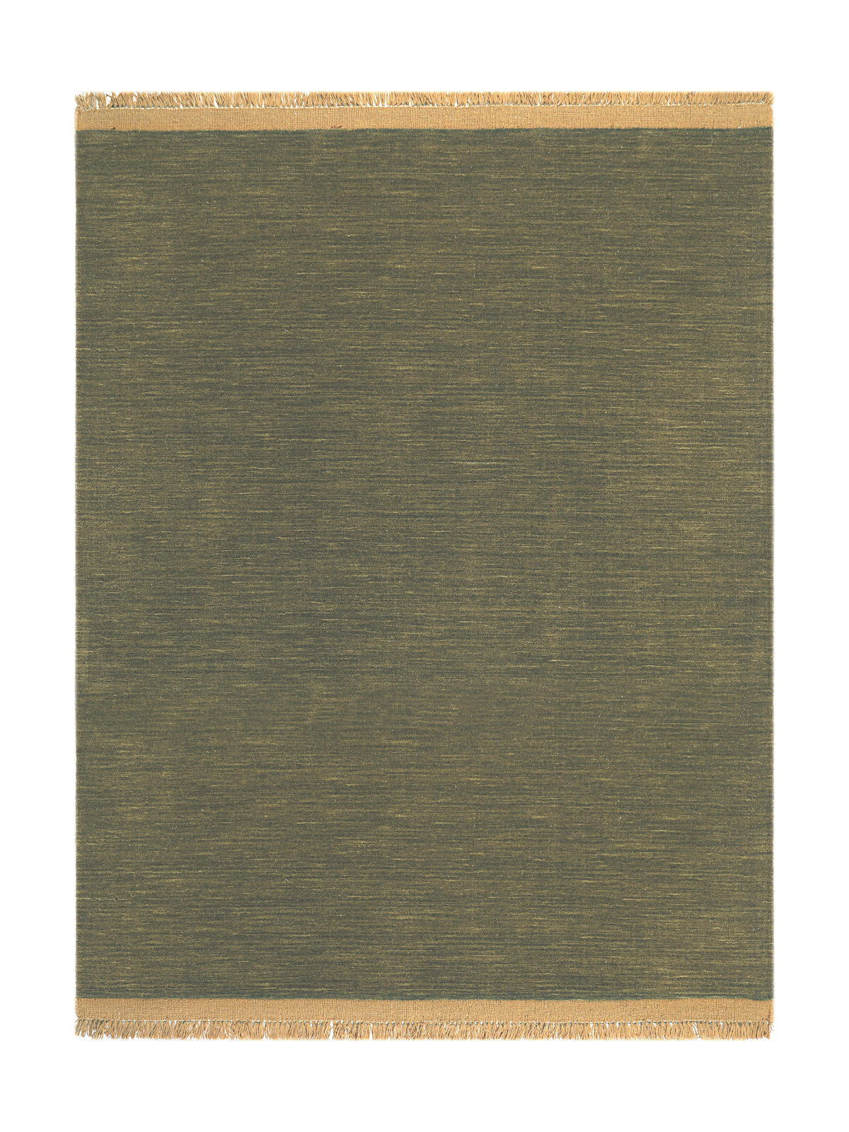 Vert olive et beige composent ce tapis rectangulaire en laine, avec son tissage strié et ses franges
