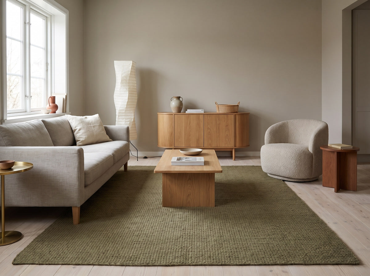 Inspiration déco : Tapis 100% Laine Vert Olive - Treccia dans un salon japandi au parquet de chêne blanchi