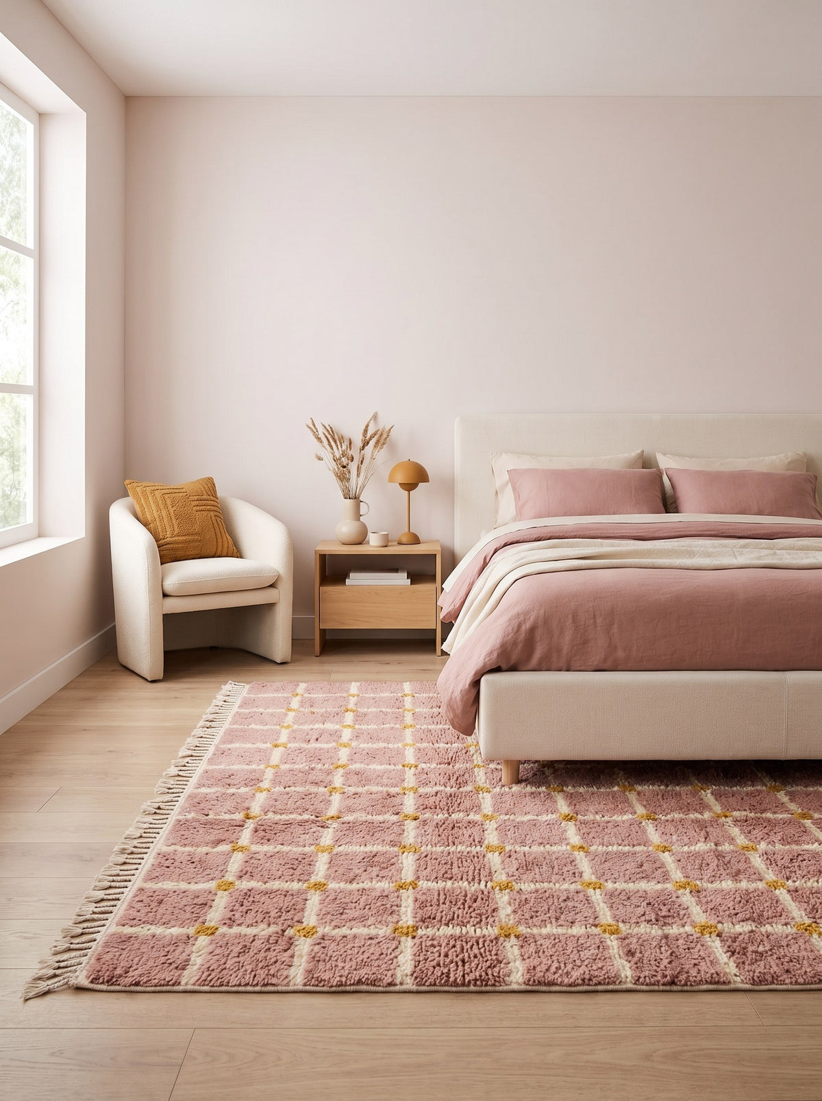 Tapis berbère à carreaux rose poudré Tizwira dans une chambre, noué main au Maroc