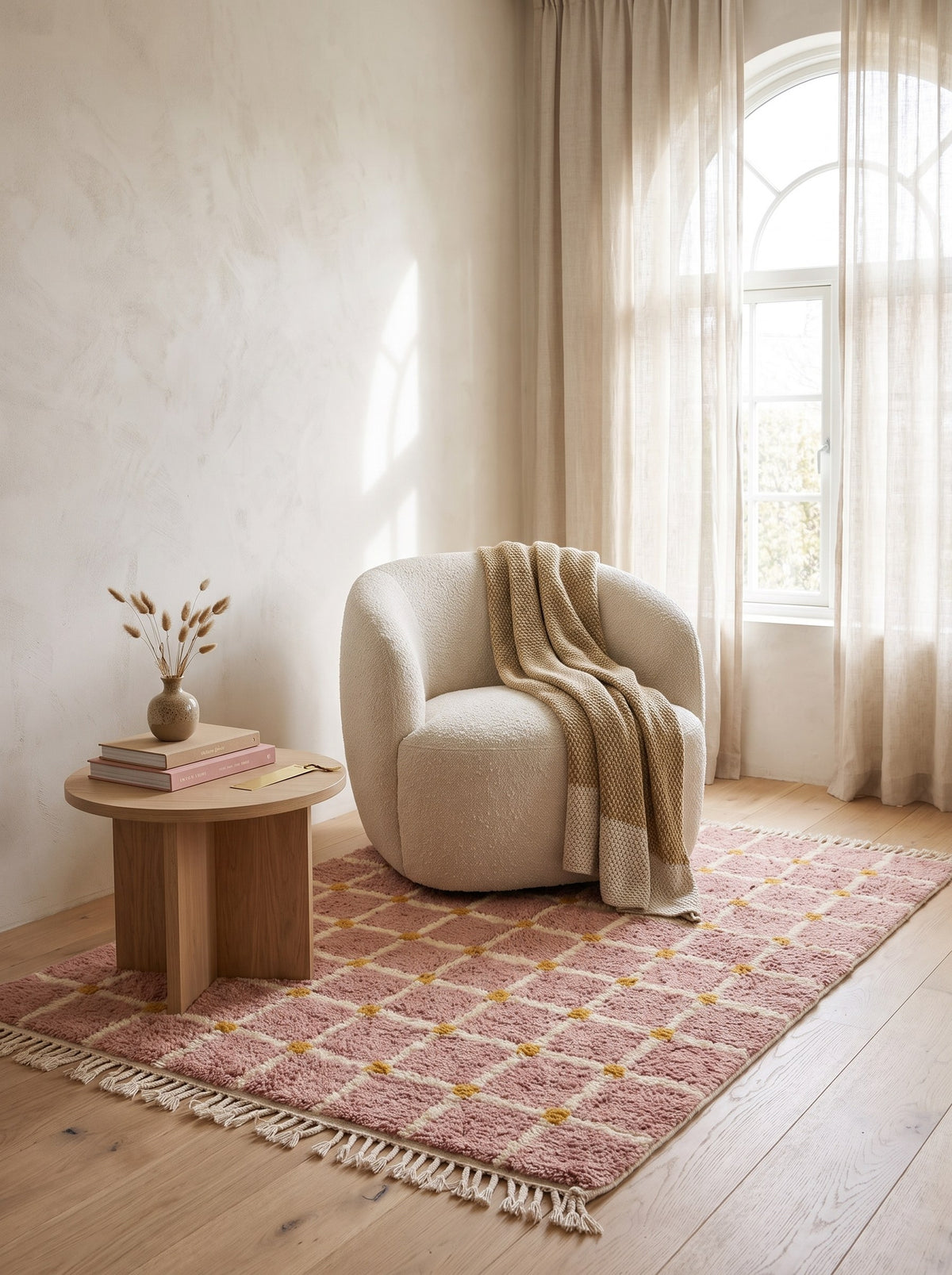 Tapis berbère à carreaux rose poudré Tizwira dans un coin lecture, noué main au Maroc