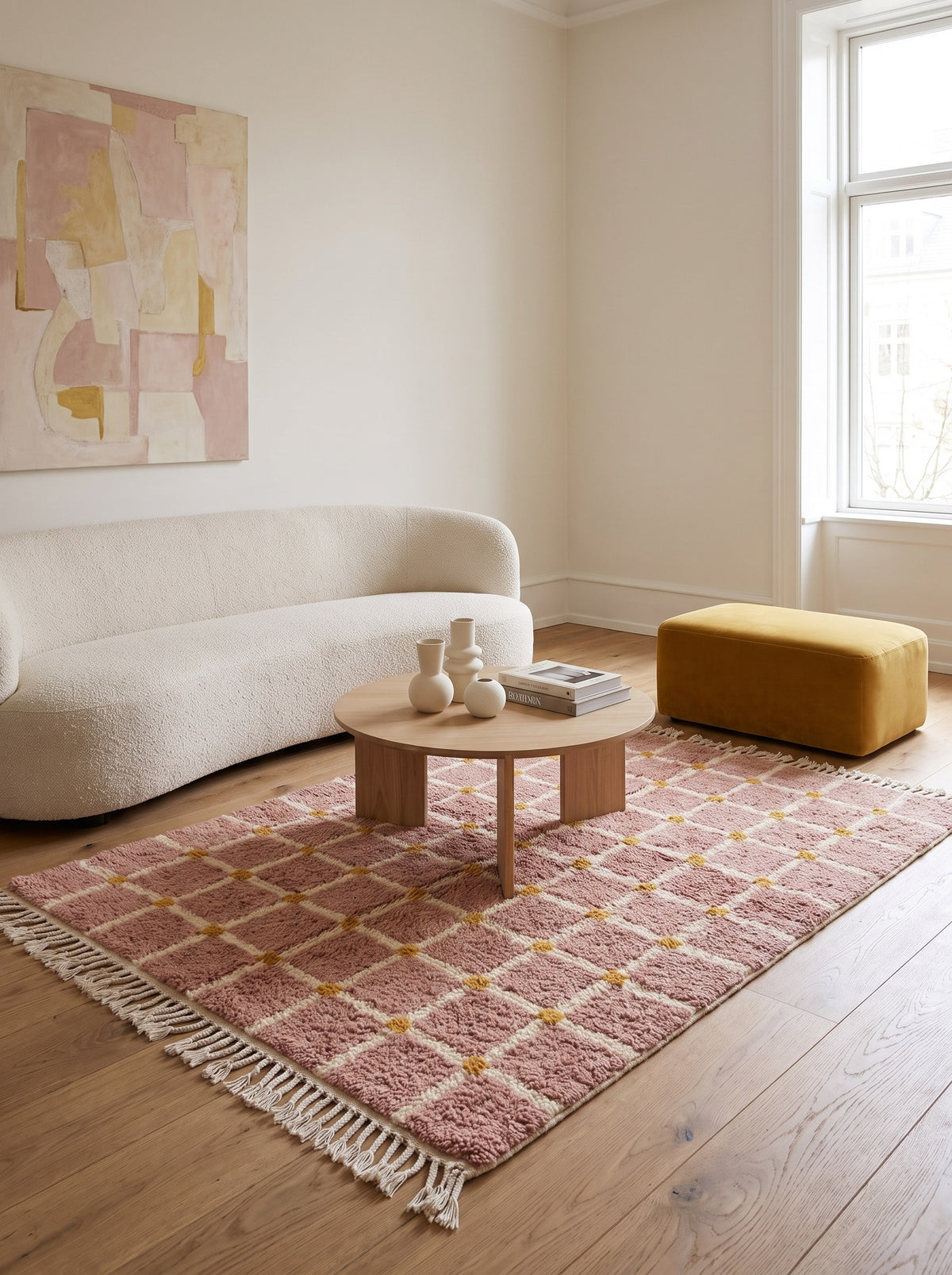 Tapis berbère à carreaux rose poudré Tizwira dans un autre salon, noué main au Maroc