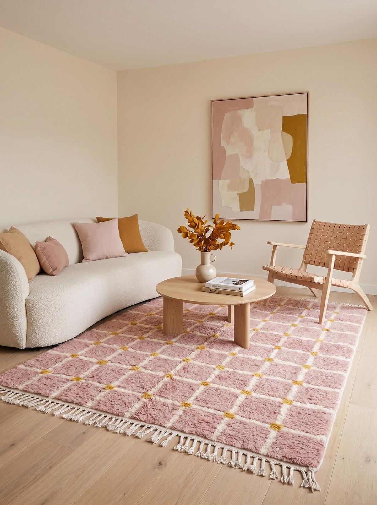 Tapis berbère à carreaux rose poudré Tizwira dans un salon, noué main au Maroc