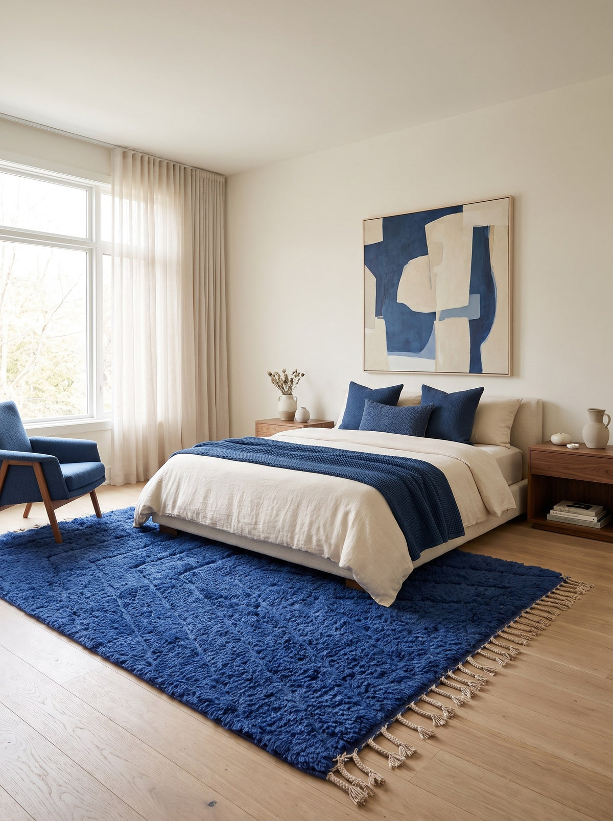 Tapis berbère à chevrons bleu Tirelwa dans une chambre, noué main au Maroc