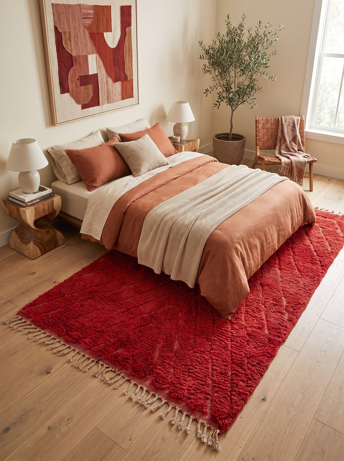 Tapis berbère à chevrons rouge Midrane dans une chambre, noué main au Maroc