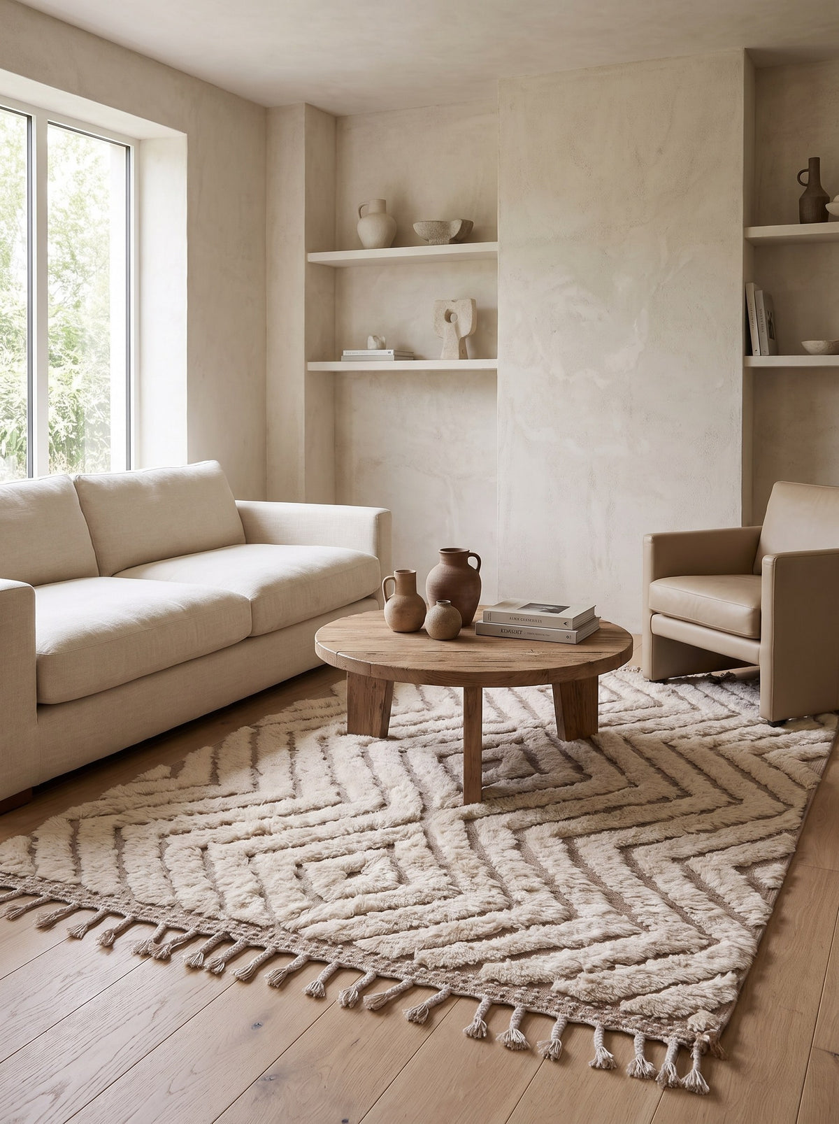 Tapis berbère à losanges blanc et beige Amtoudi dans un autre salon, noué main au Maroc