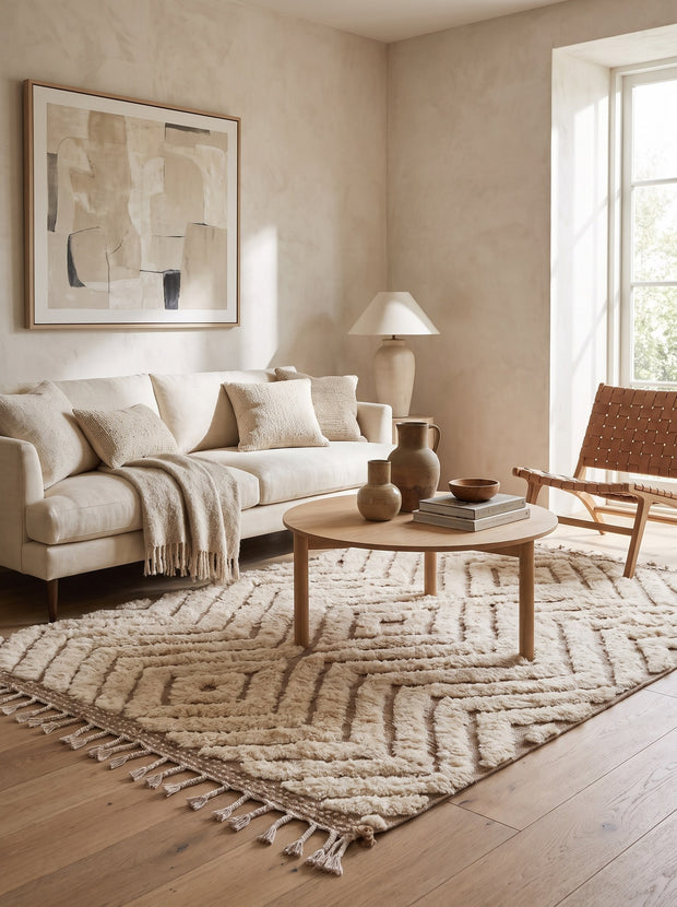 Tapis berbère à losanges blanc et beige - Amtoudi
