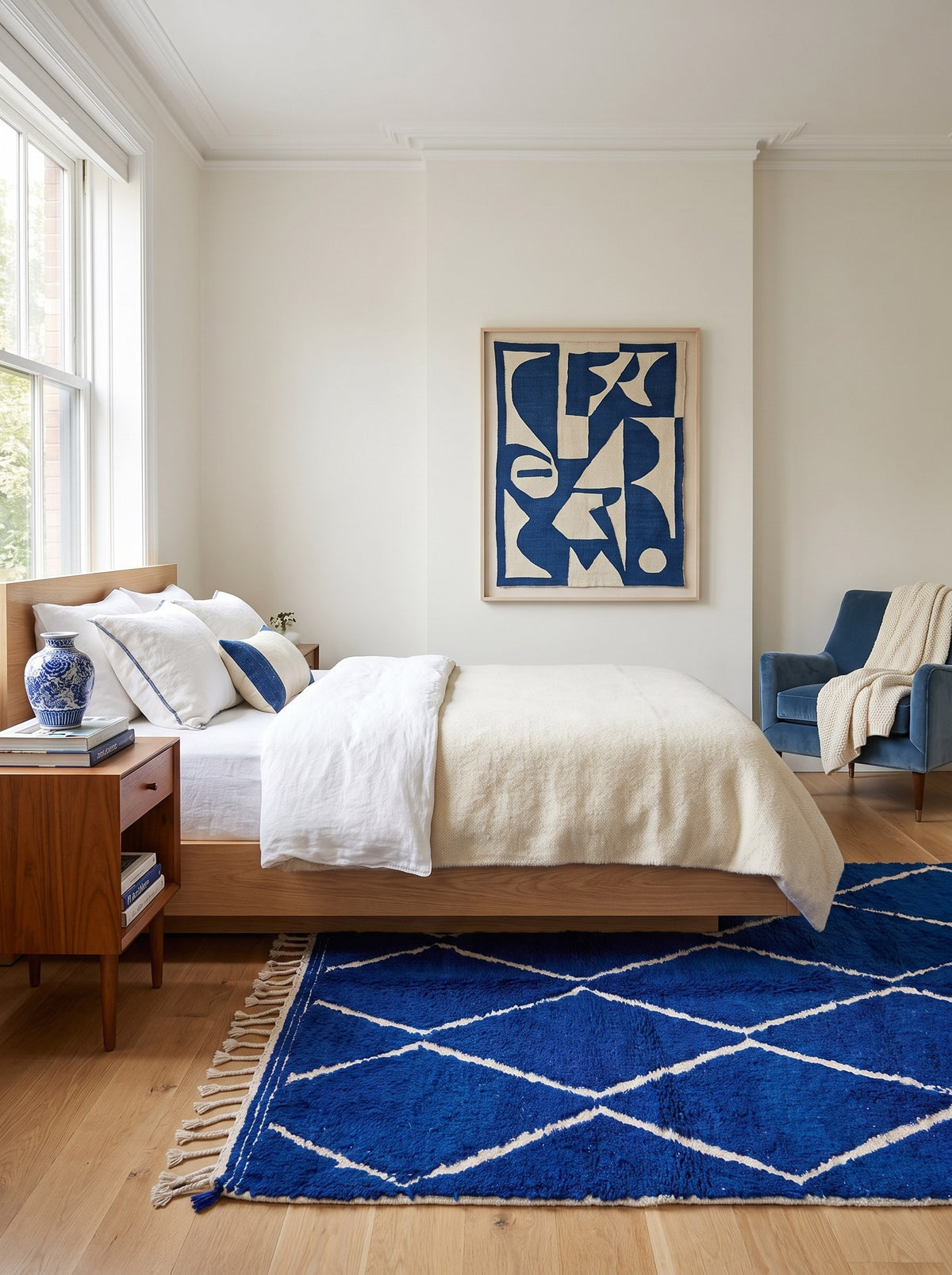 Tapis berbère à losanges bleu roi Asigna dans une chambre, noué main au Maroc