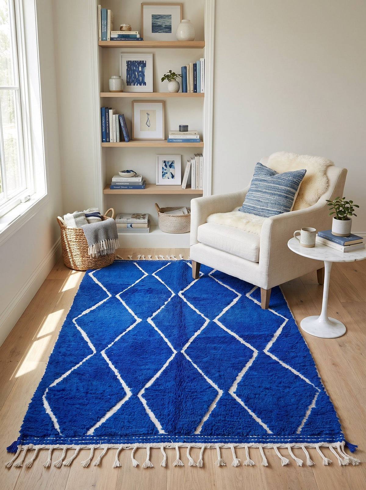 Tapis berbère à losanges bleu roi Asigna dans un coin lecture, noué main au Maroc
