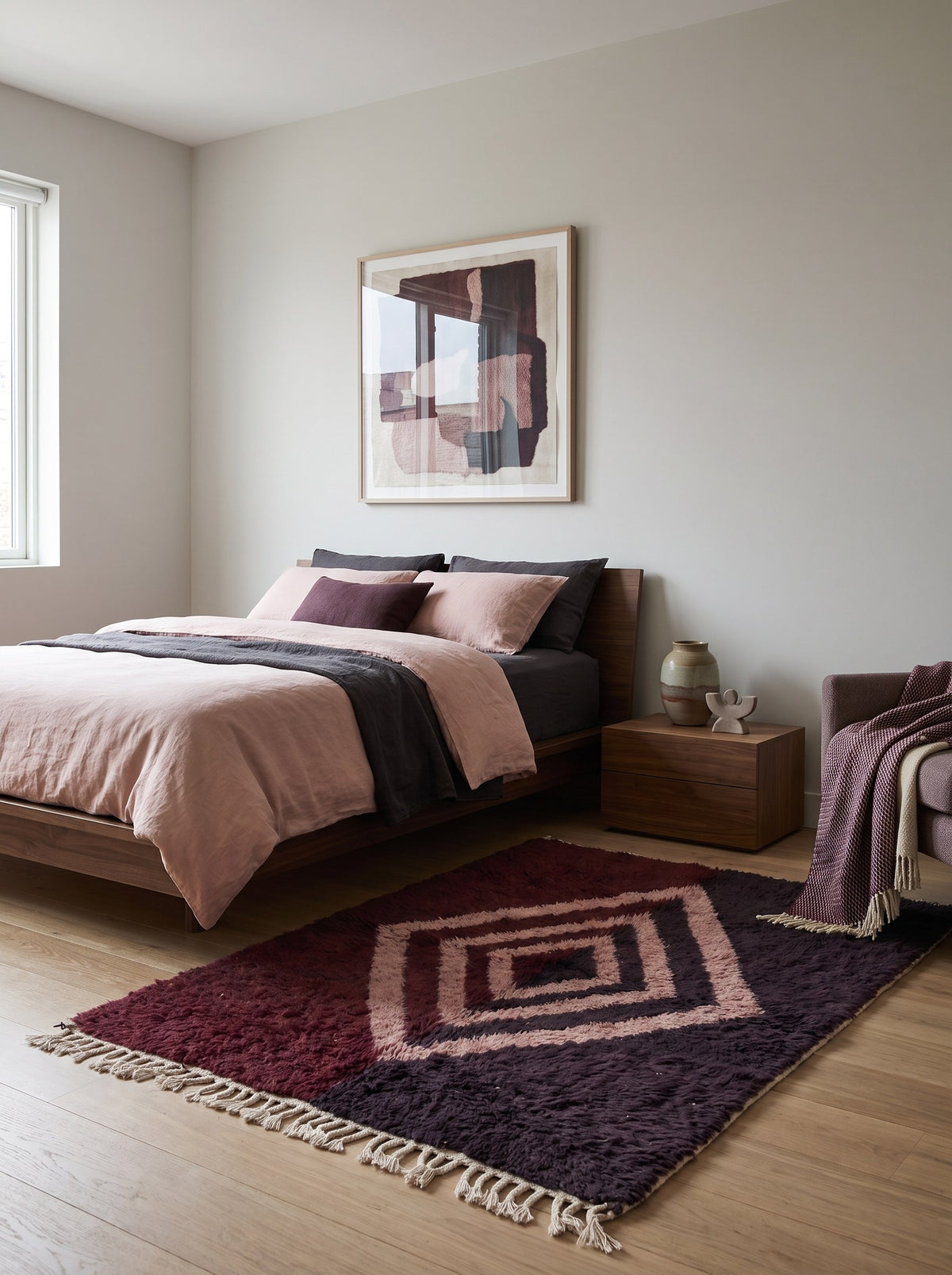 Tapis berbère à losanges bordeaux et rose Ulawen dans une chambre, noué main au Maroc