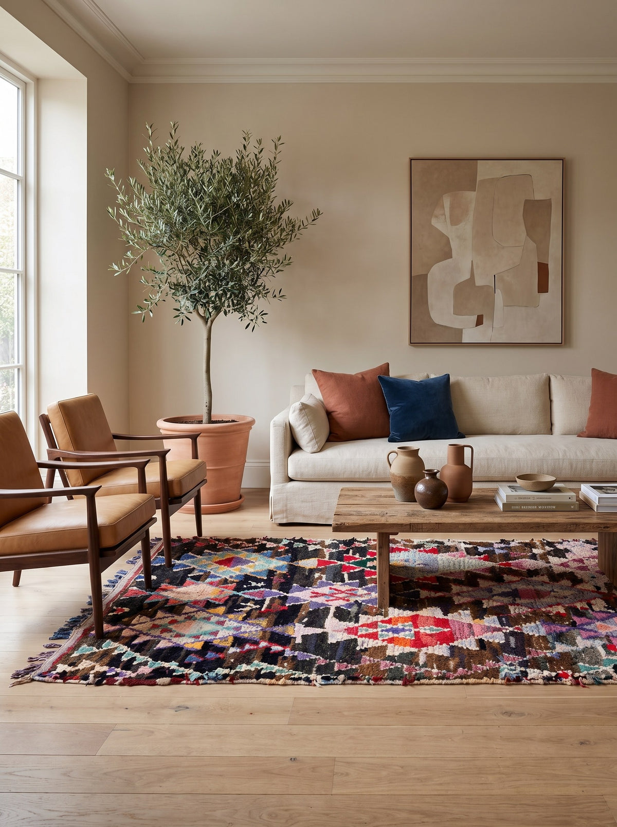 Tapis berbère à losanges brun multicolore Aberkan dans un autre salon, noué main au Maroc