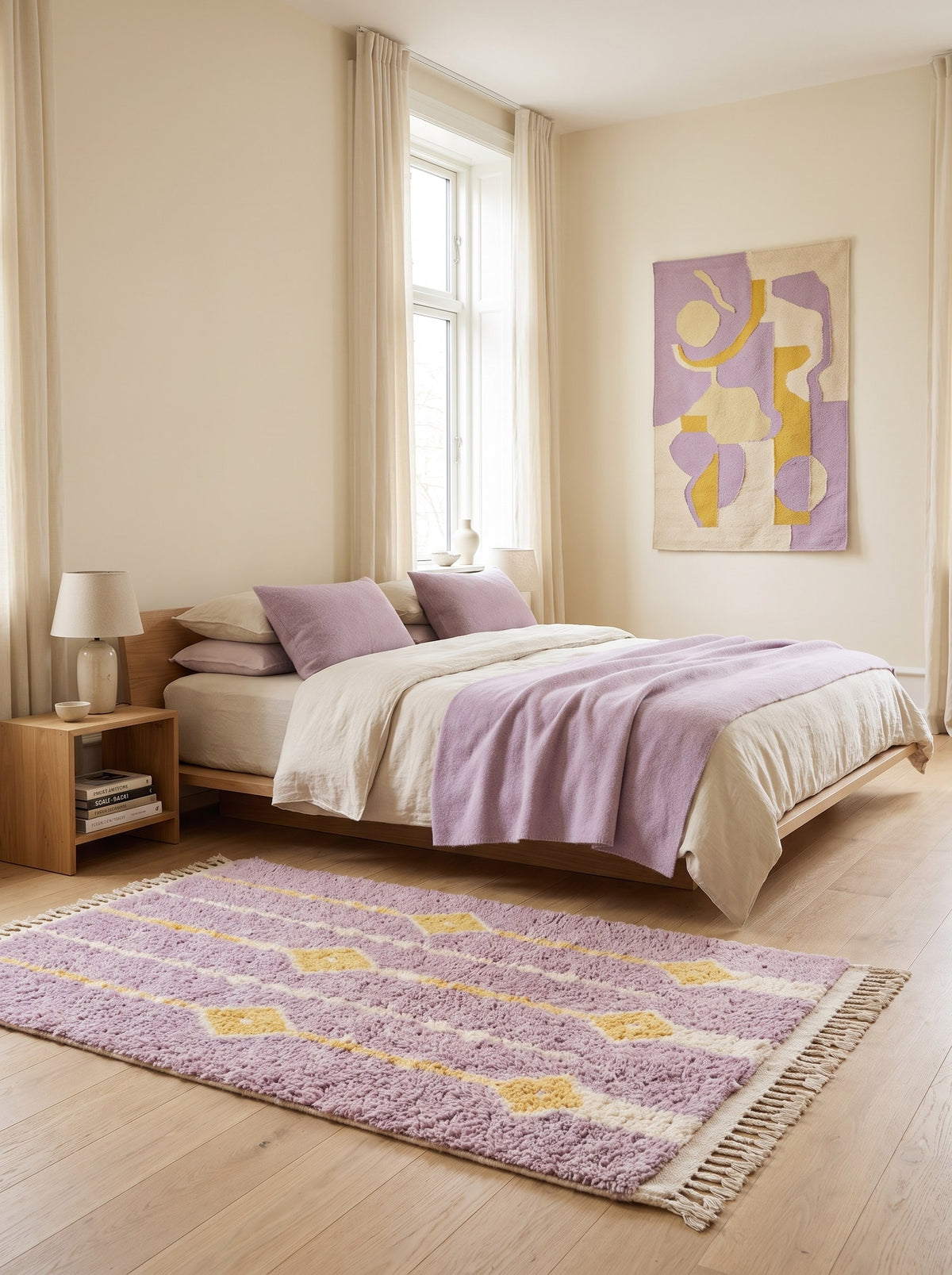 Tapis berbère à losanges mauve Mecissi dans une chambre, noué main au Maroc