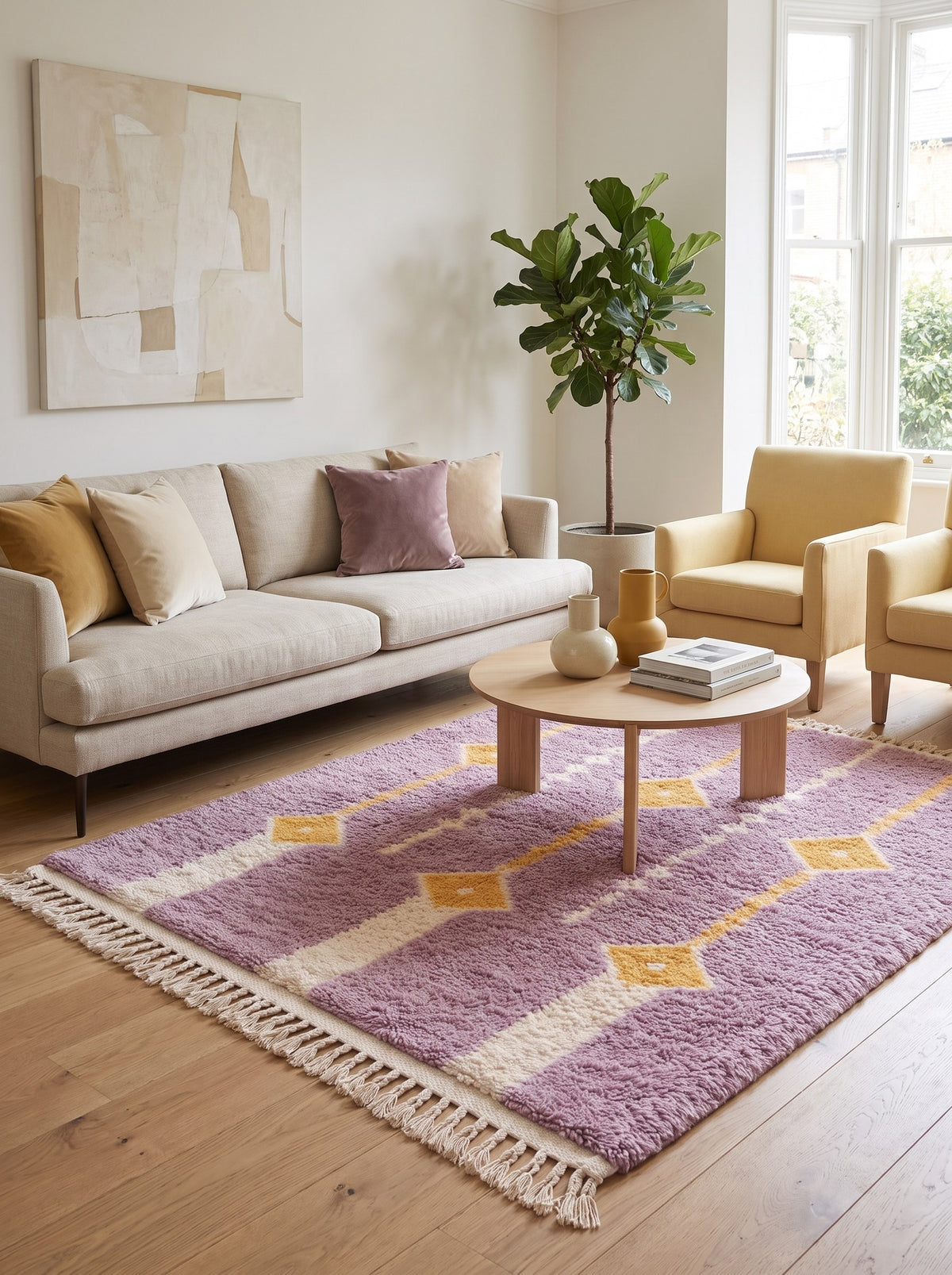 Tapis berbère à losanges mauve Mecissi dans un autre salon, noué main au Maroc