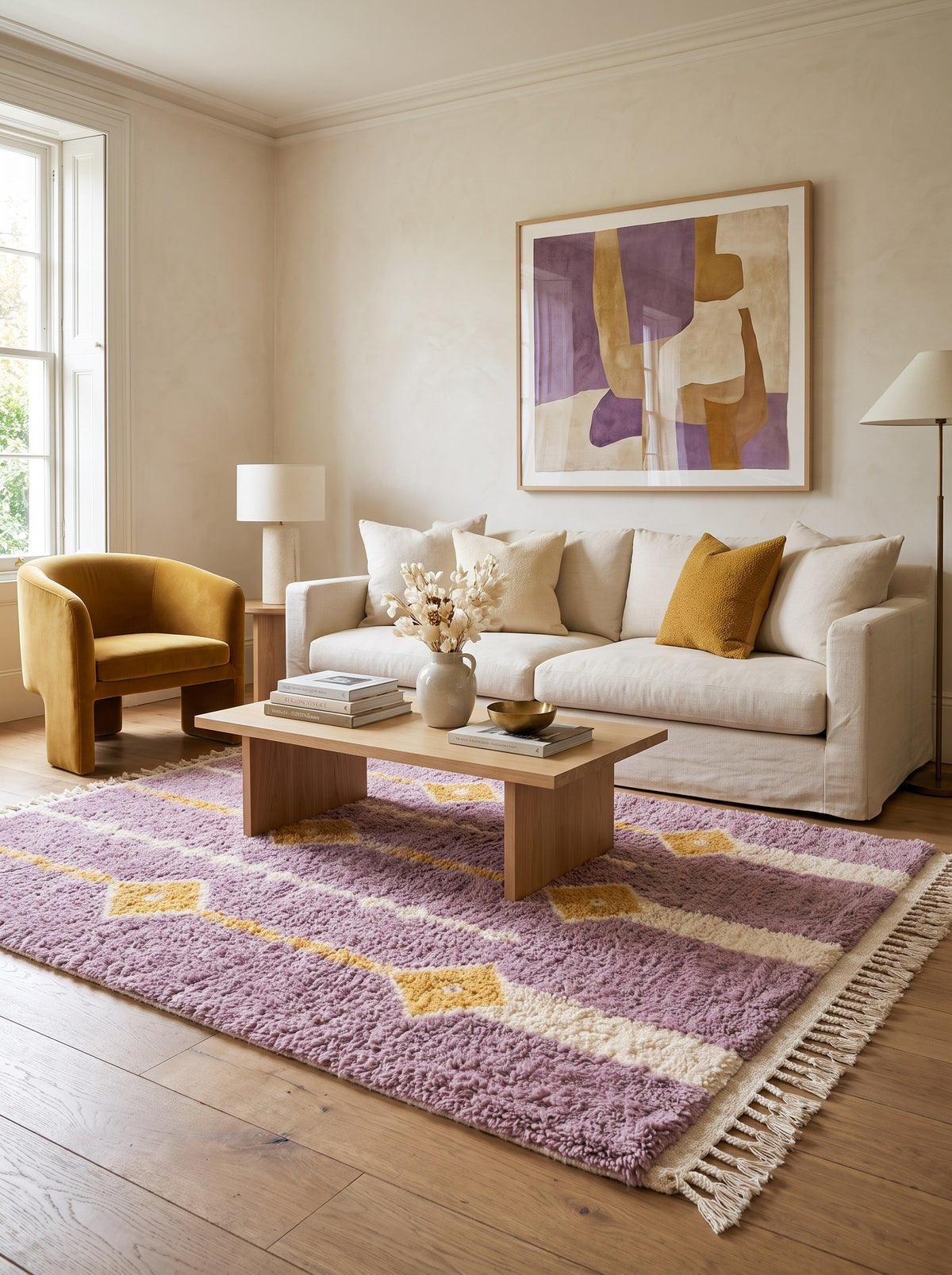 Tapis berbère à losanges mauve Mecissi dans un salon, noué main au Maroc