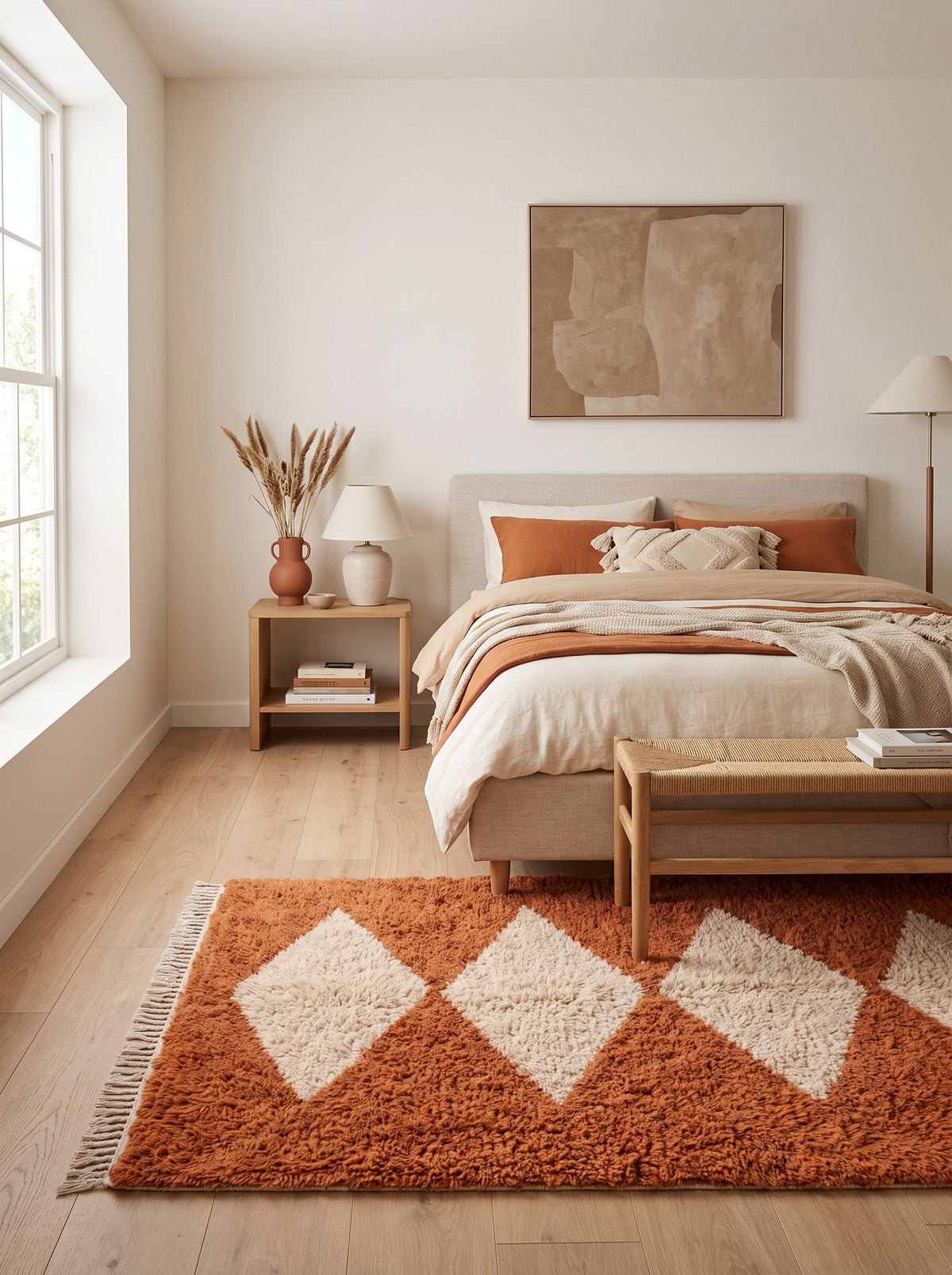 Tafraout diamond-pattern Berber rug in terracotta, in a bedroom, hand-knotted in Morocco