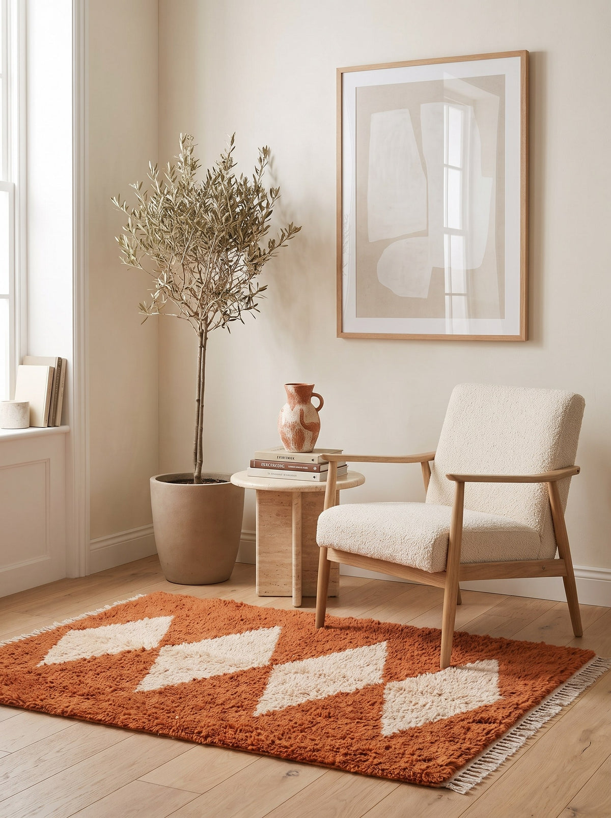 Tafraout diamond-pattern Berber rug in terracotta, in a reading nook, hand-knotted in Morocco