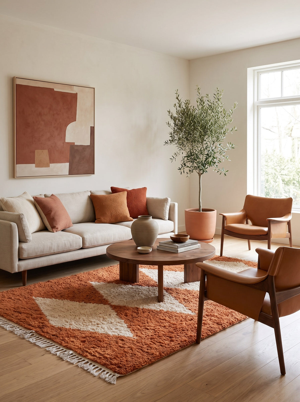 Tafraout diamond-pattern Berber rug in terracotta, in another living room, hand-knotted in Morocco