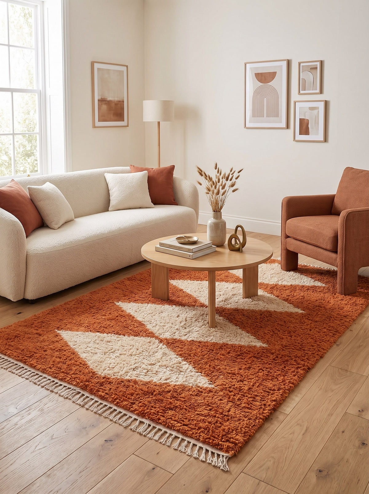 Tafraout diamond-pattern Berber rug in terracotta, in a living room, hand-knotted in Morocco