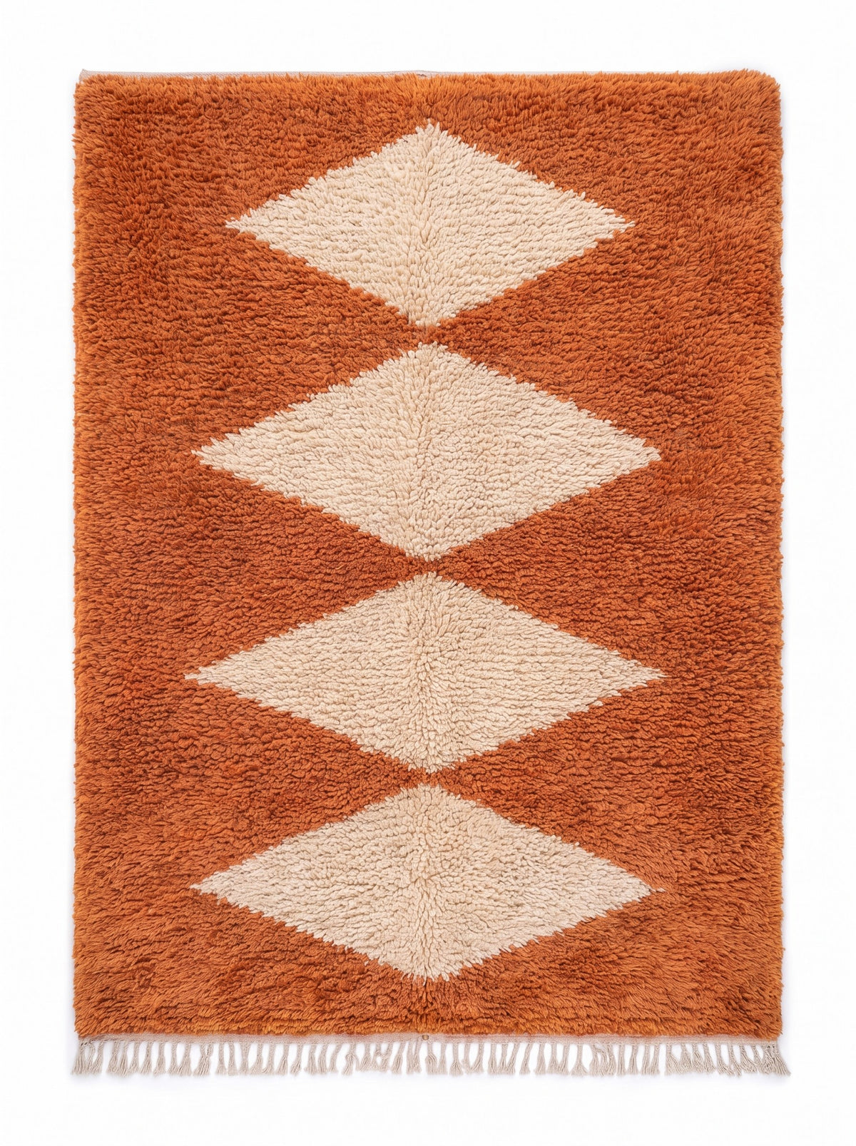 Tafraout diamond-pattern Berber rug in terracotta, laid flat, plain terracotta field, four large solid ecru diamonds stacked