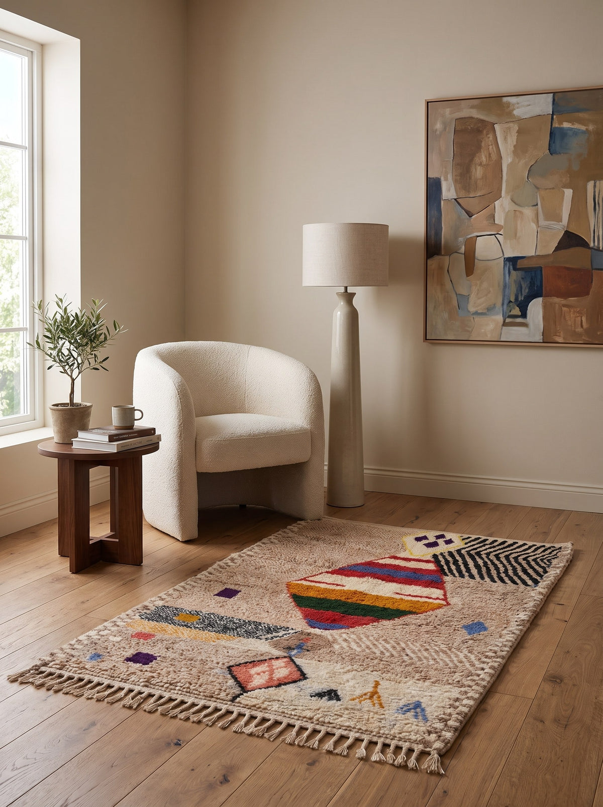 Tapis berbère à motifs beige sable Ahaggar dans un coin lecture, noué main au Maroc