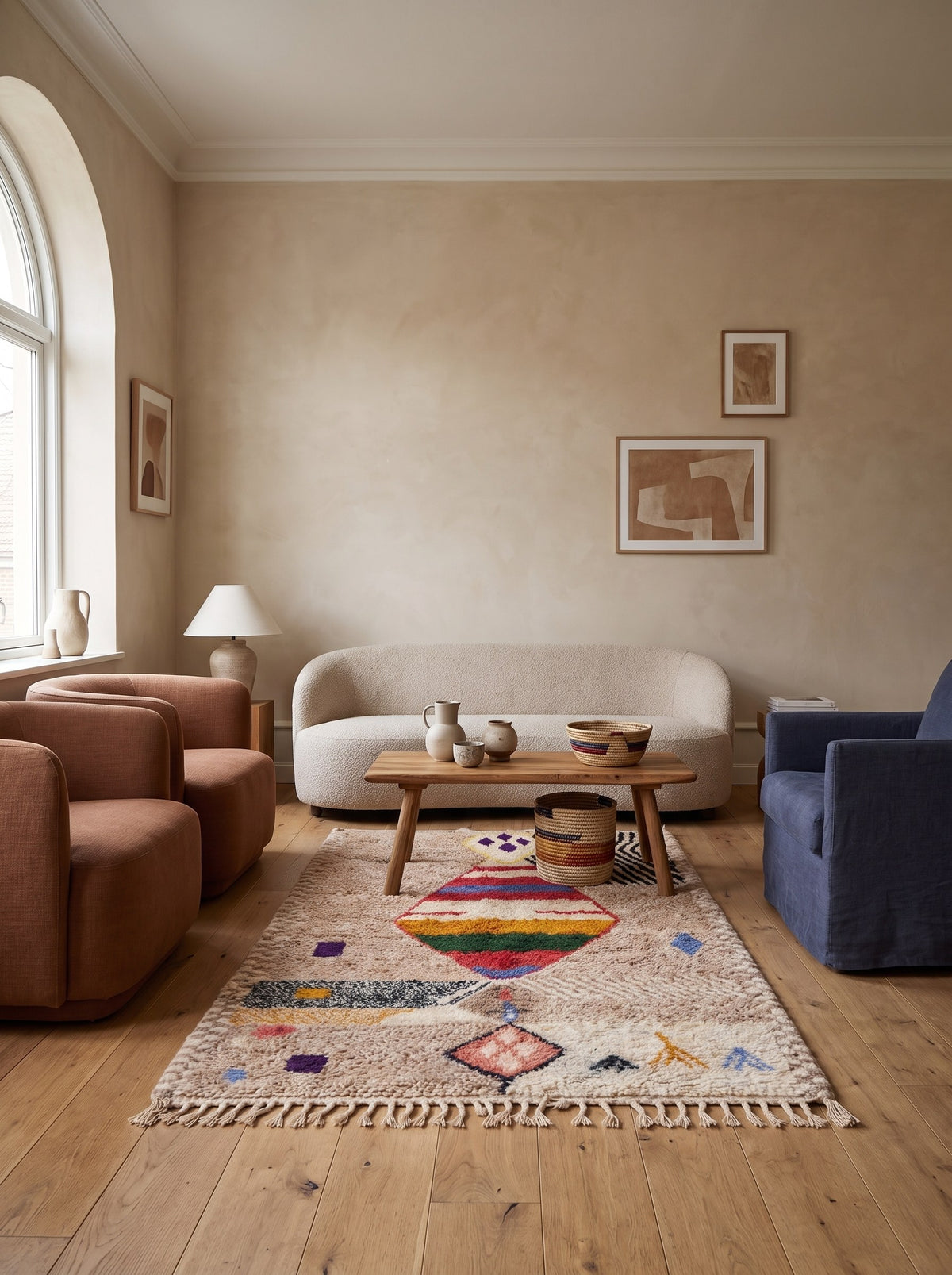 Tapis berbère à motifs beige sable Ahaggar dans un autre salon, noué main au Maroc