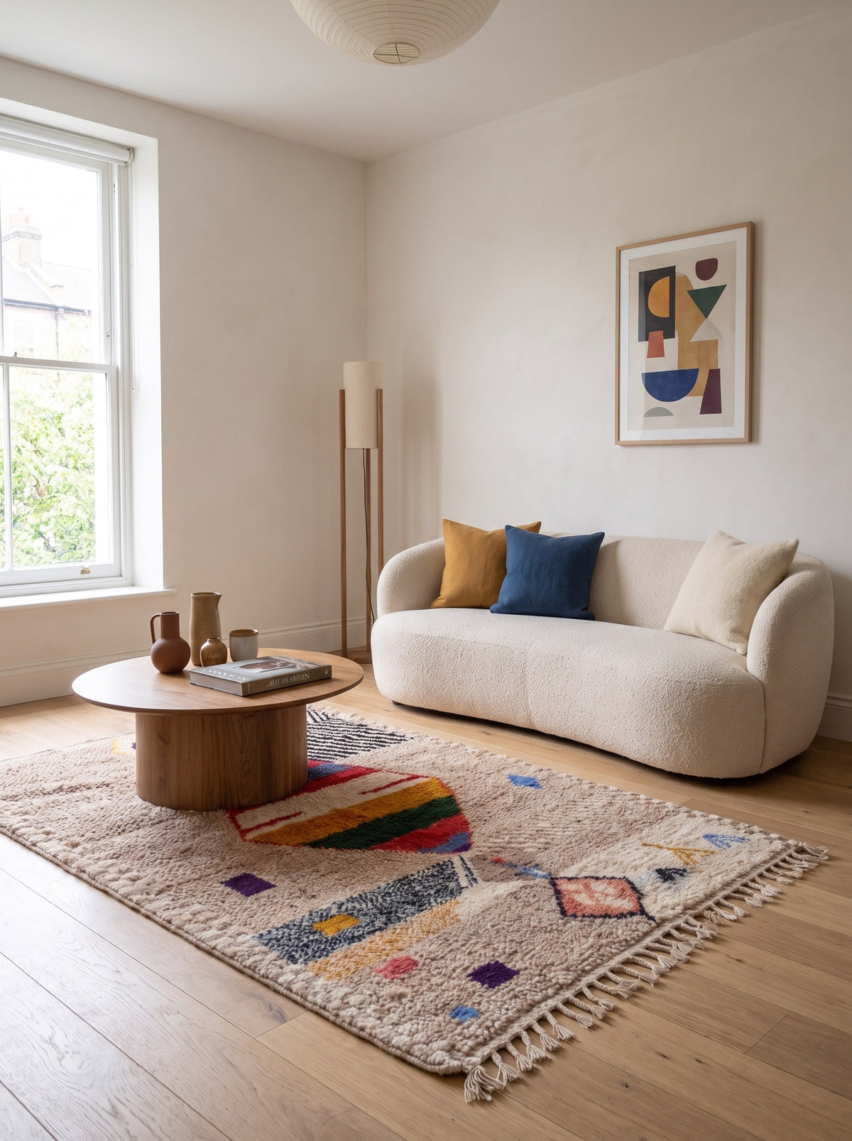 Tapis berbère à motifs beige sable Ahaggar dans un salon, noué main au Maroc