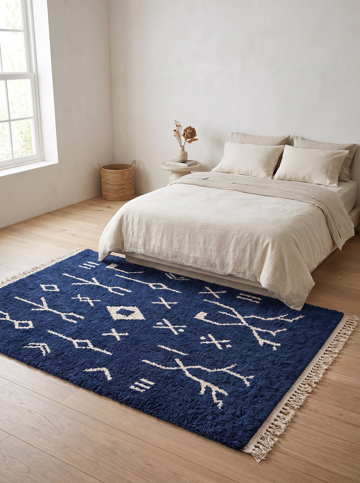Tapis berbère à motifs bleu marine Ansegmir dans une chambre, noué main au Maroc