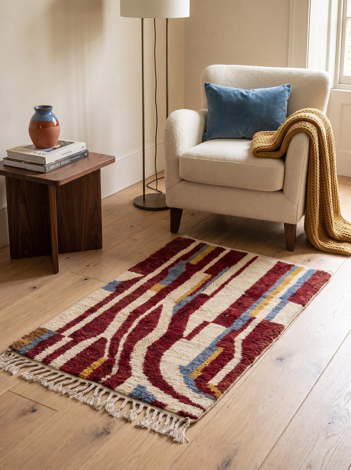 Tapis berbère à motifs rouge et blanc Tarouan dans un coin lecture, noué main au Maroc