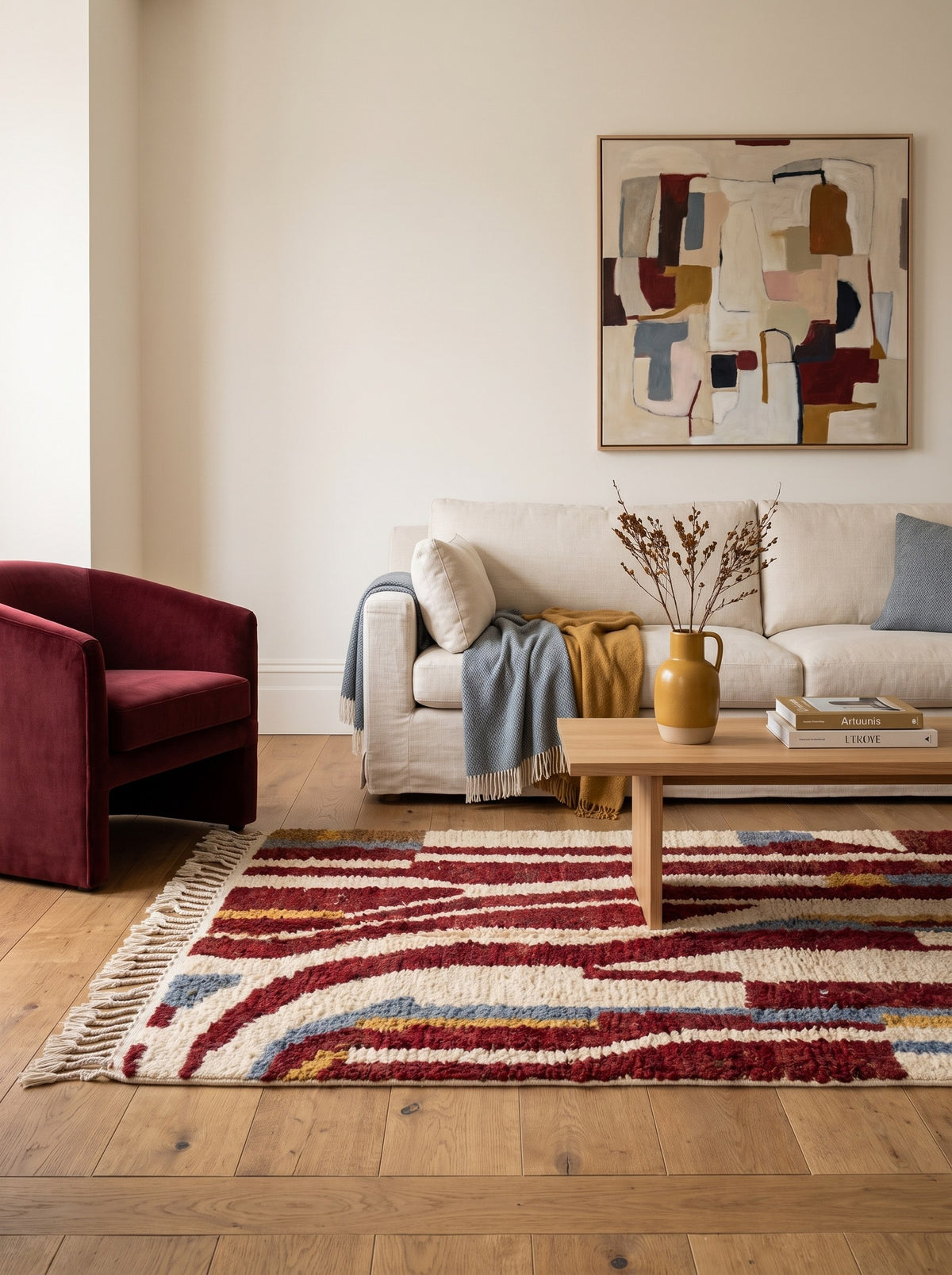 Tapis berbère à motifs rouge et blanc Tarouan dans un autre salon, noué main au Maroc