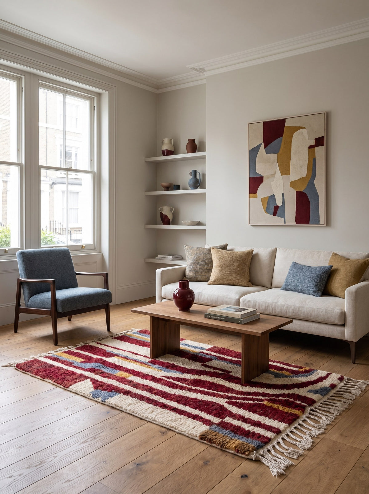 Tapis berbère à motifs rouge et blanc Tarouan dans un salon, noué main au Maroc