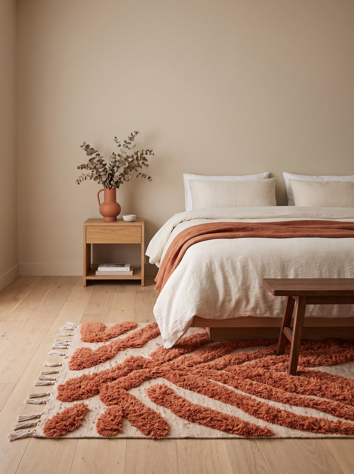 Anmira patterned Berber rug in terracotta in a bedroom, hand-knotted in Morocco