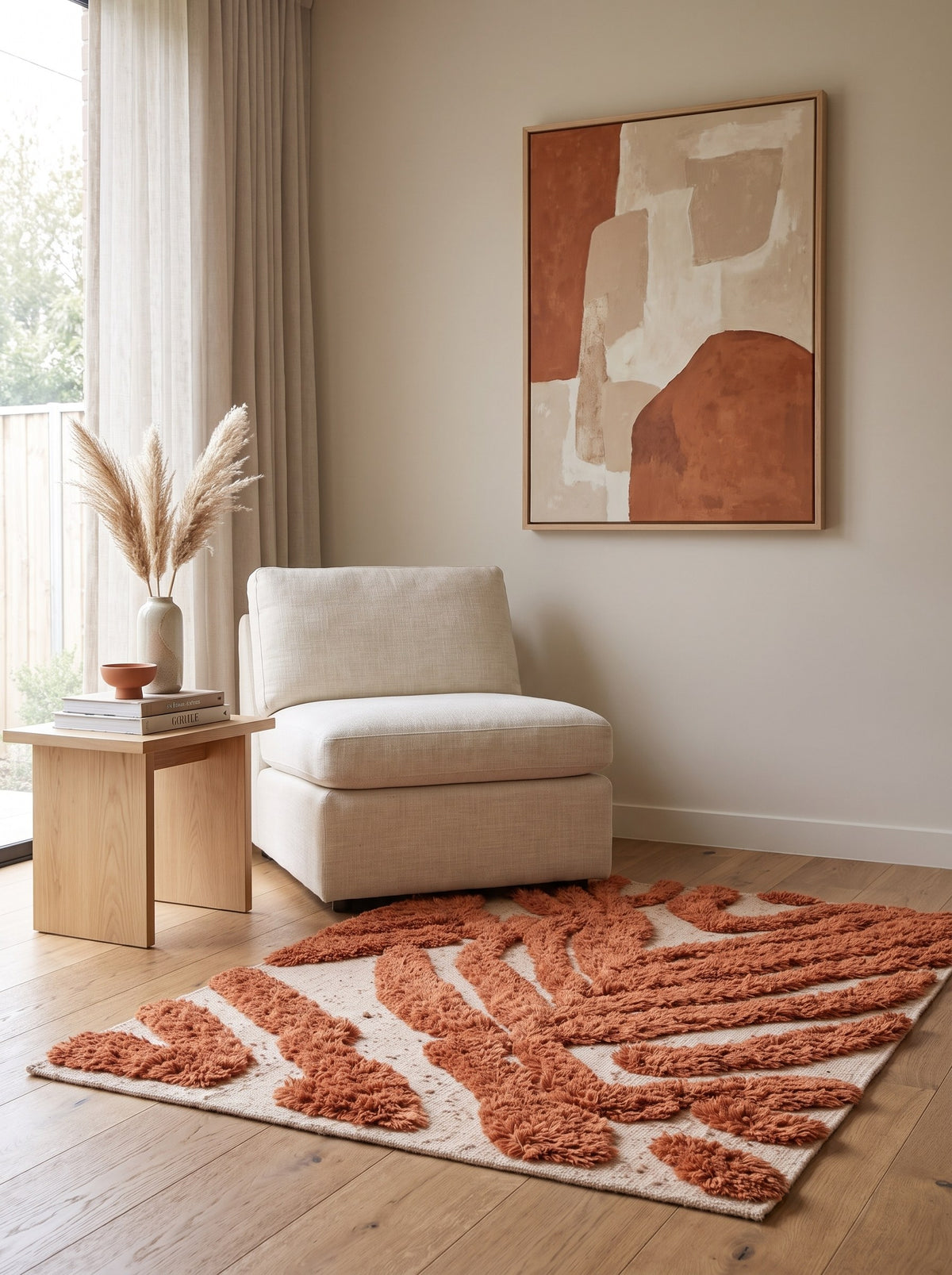 Anmira patterned Berber rug in terracotta in a reading nook, hand-knotted in Morocco