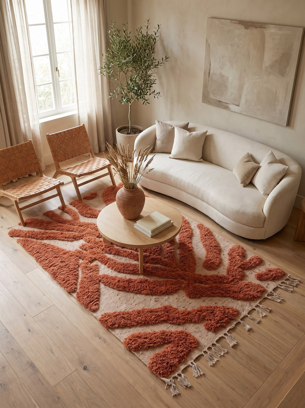 Anmira patterned Berber rug in terracotta in another living room, hand-knotted in Morocco