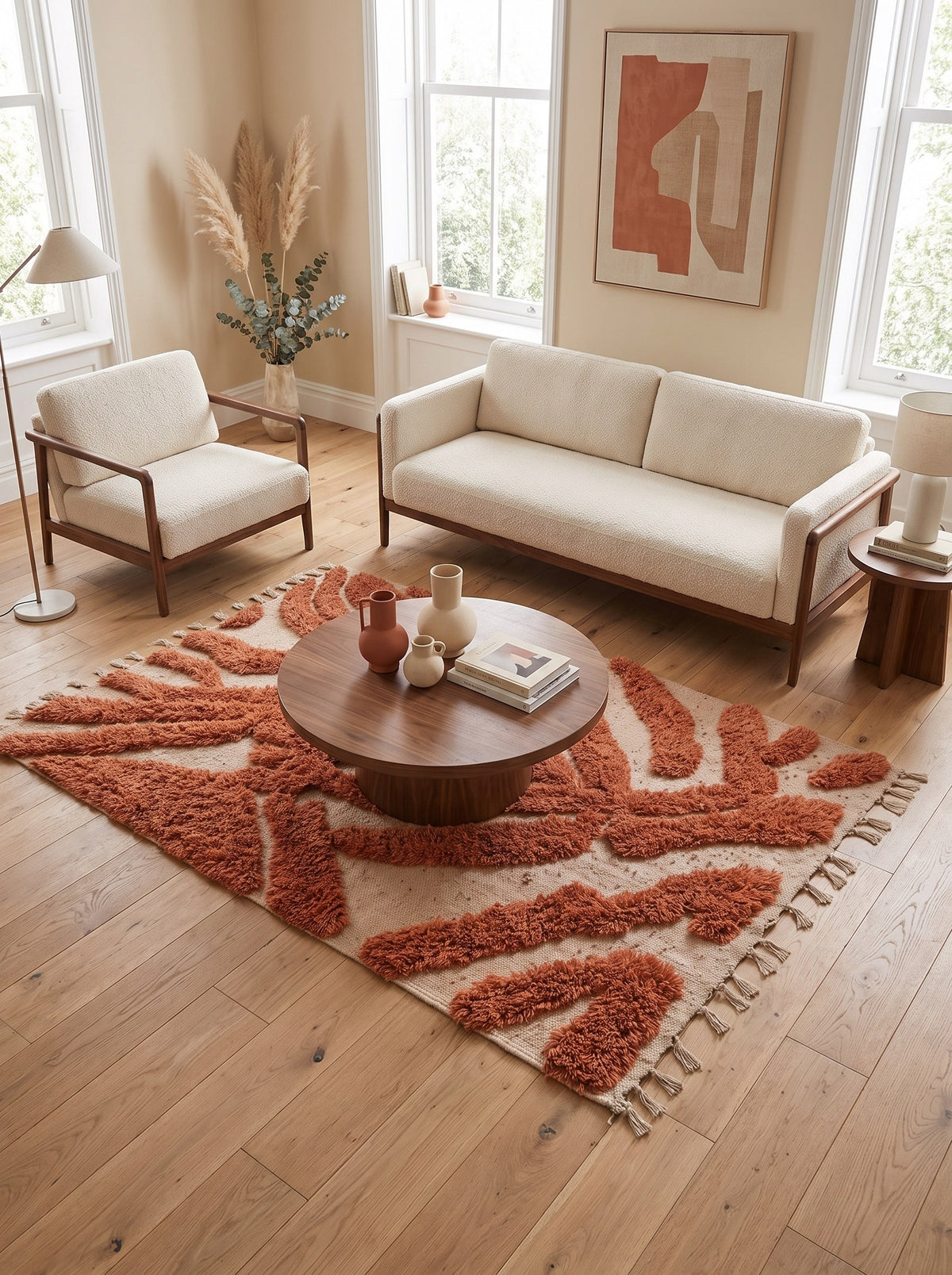 Anmira patterned Berber rug in terracotta in a living room, hand-knotted in Morocco