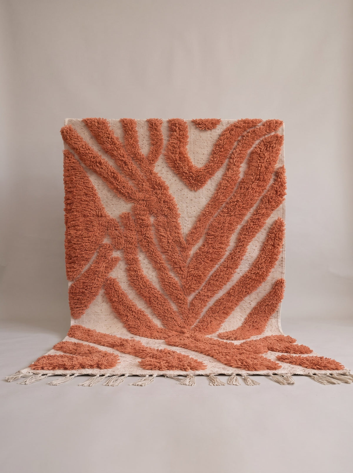 Anmira patterned Berber rug in terracotta, hanging, one of a kind, hand-knotted in Morocco