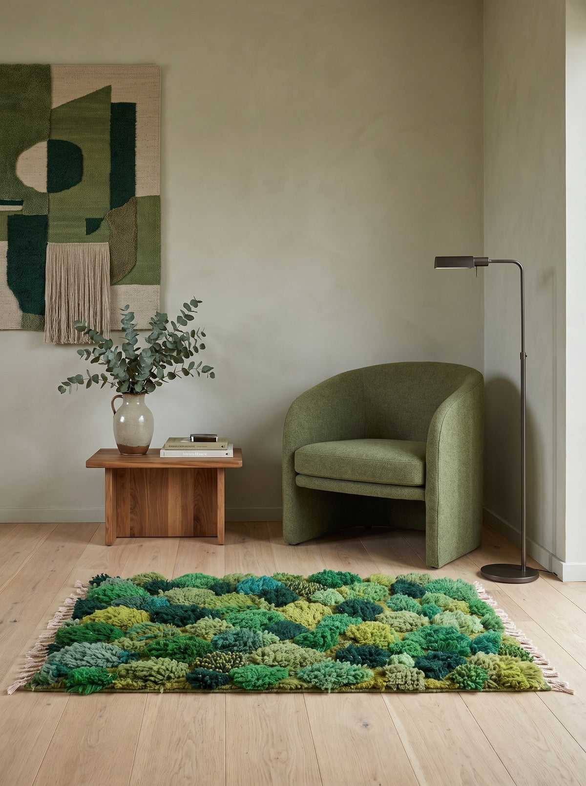 Tapis berbère à motifs vert mousse Zinat dans un coin lecture, noué main au Maroc