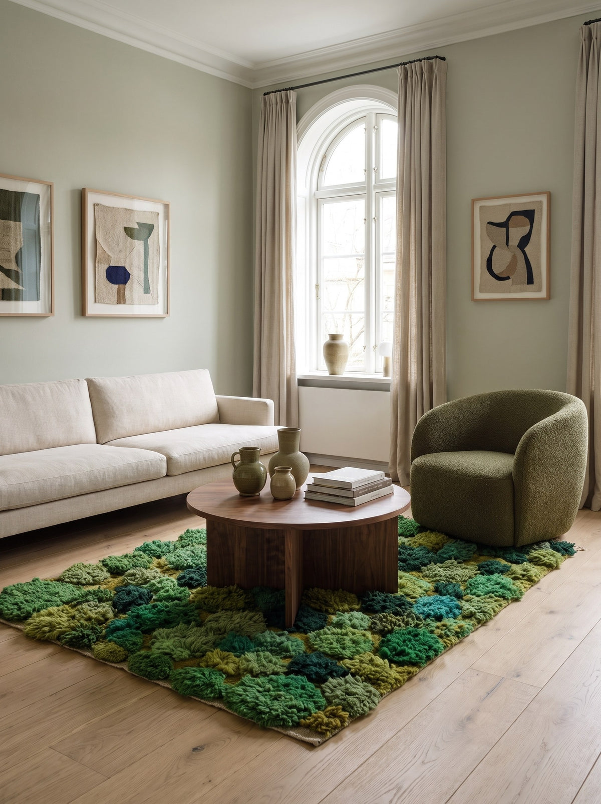 Tapis berbère à motifs vert mousse Zinat dans un autre salon, noué main au Maroc