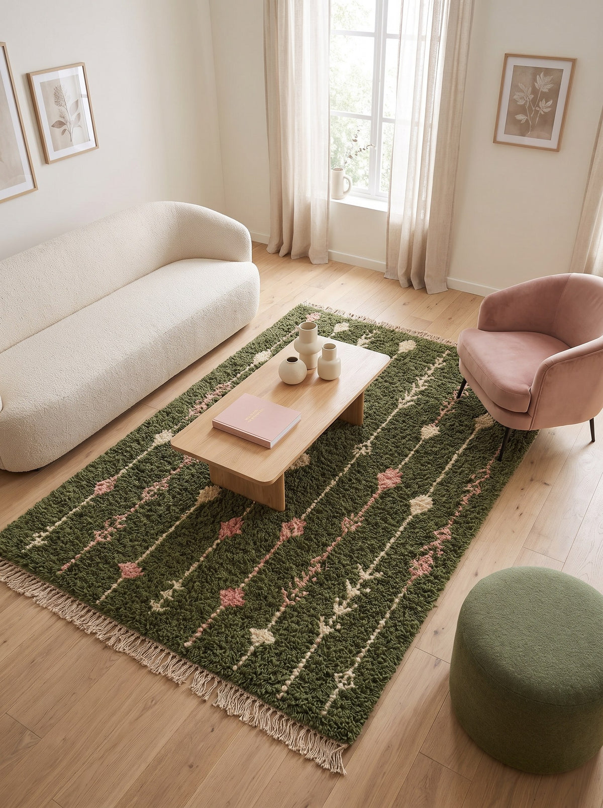 Tapis berbère à motifs vert olive Elmoura dans un autre salon, noué main au Maroc