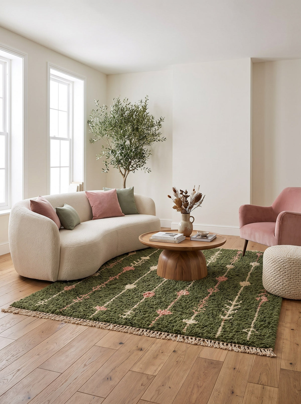Tapis berbère à motifs vert olive Elmoura dans un salon, noué main au Maroc