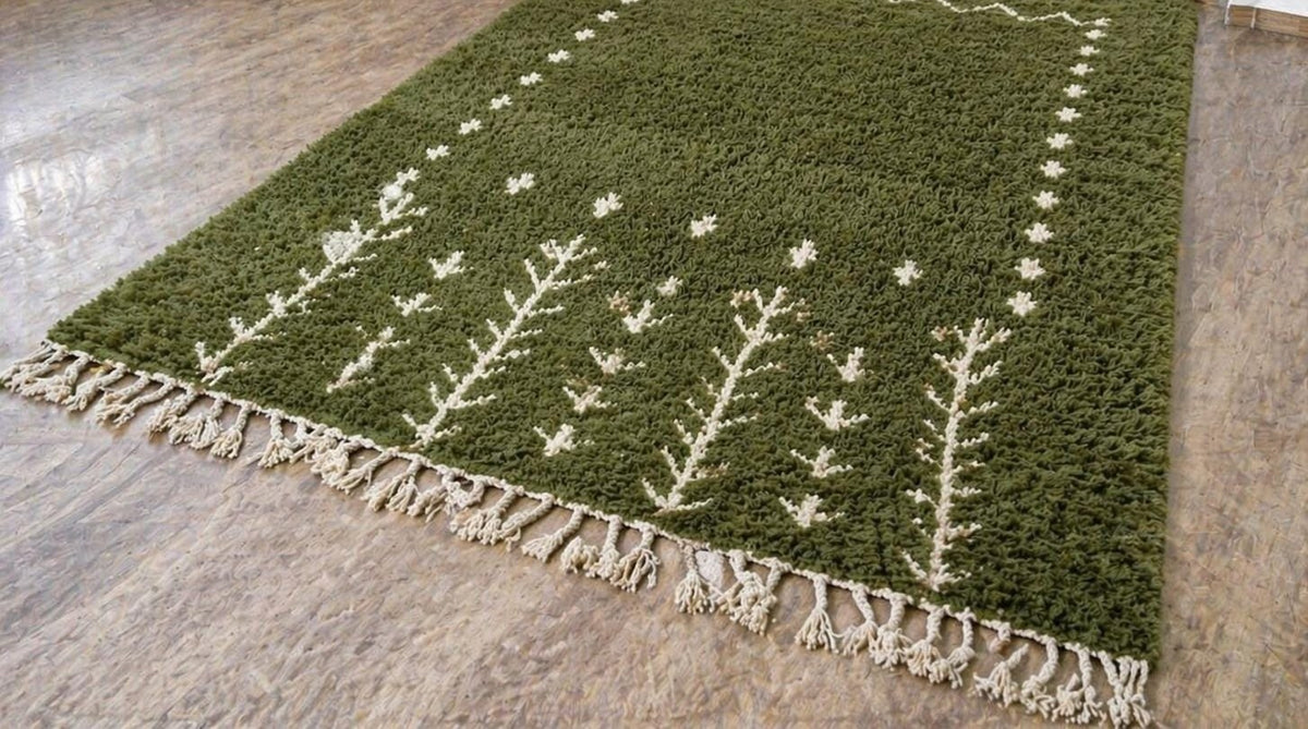 Tapis berbère à motifs vert olive Smimou posé au sol vu de côté, noué main au Maroc