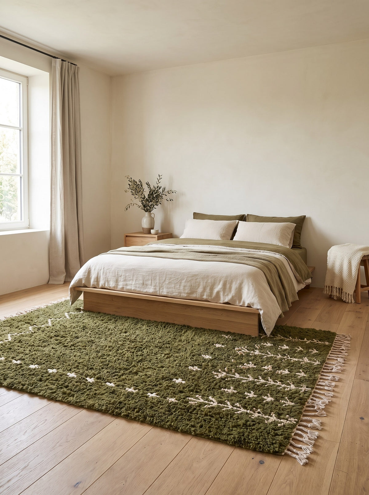 Tapis berbère à motifs vert olive Smimou dans une chambre, noué main au Maroc
