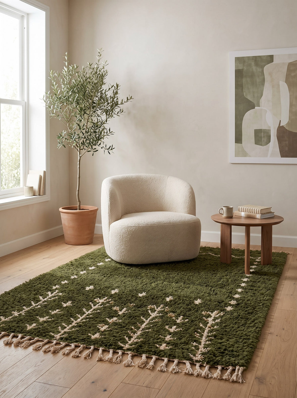 Tapis berbère à motifs vert olive Smimou dans un coin lecture, noué main au Maroc