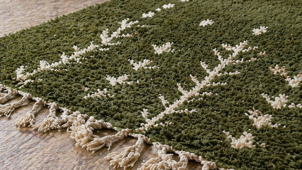 Gros plan sur la laine du tapis berbère Smimou, poil vert olive noué à la main