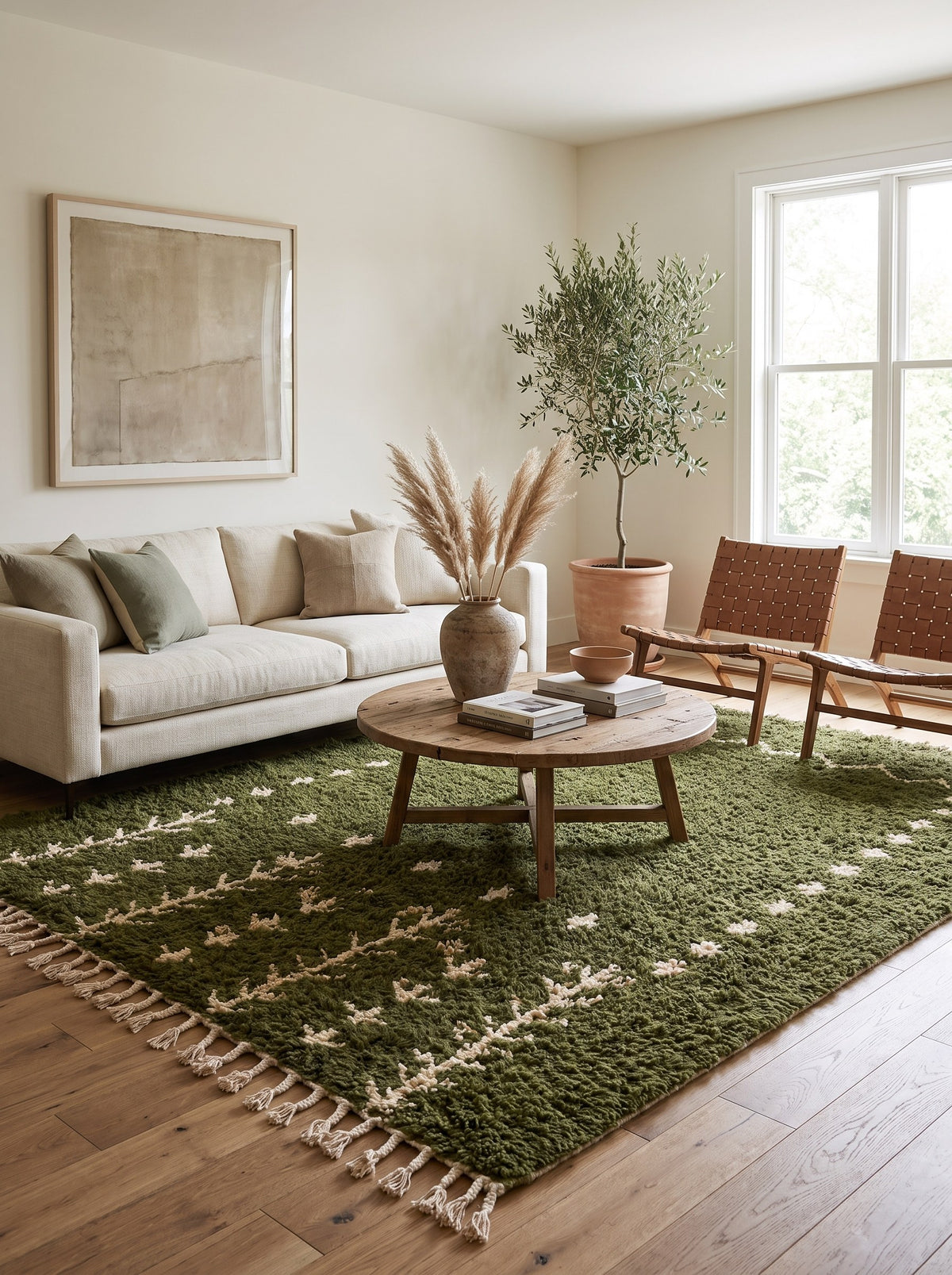 Tapis berbère à motifs vert olive Smimou dans un salon, noué main au Maroc
