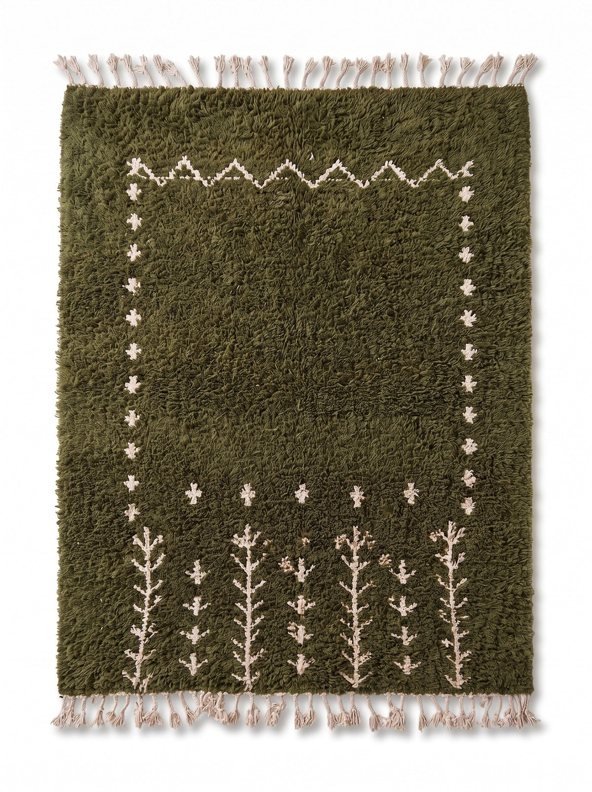 Tapis berbère à motifs vert olive Smimou vu à plat, frise en zigzag écrue en haut, franges écrues