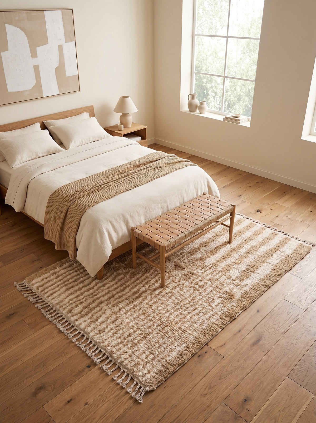 Tapis berbère à rayures beige Tanezruft dans une chambre, noué main au Maroc