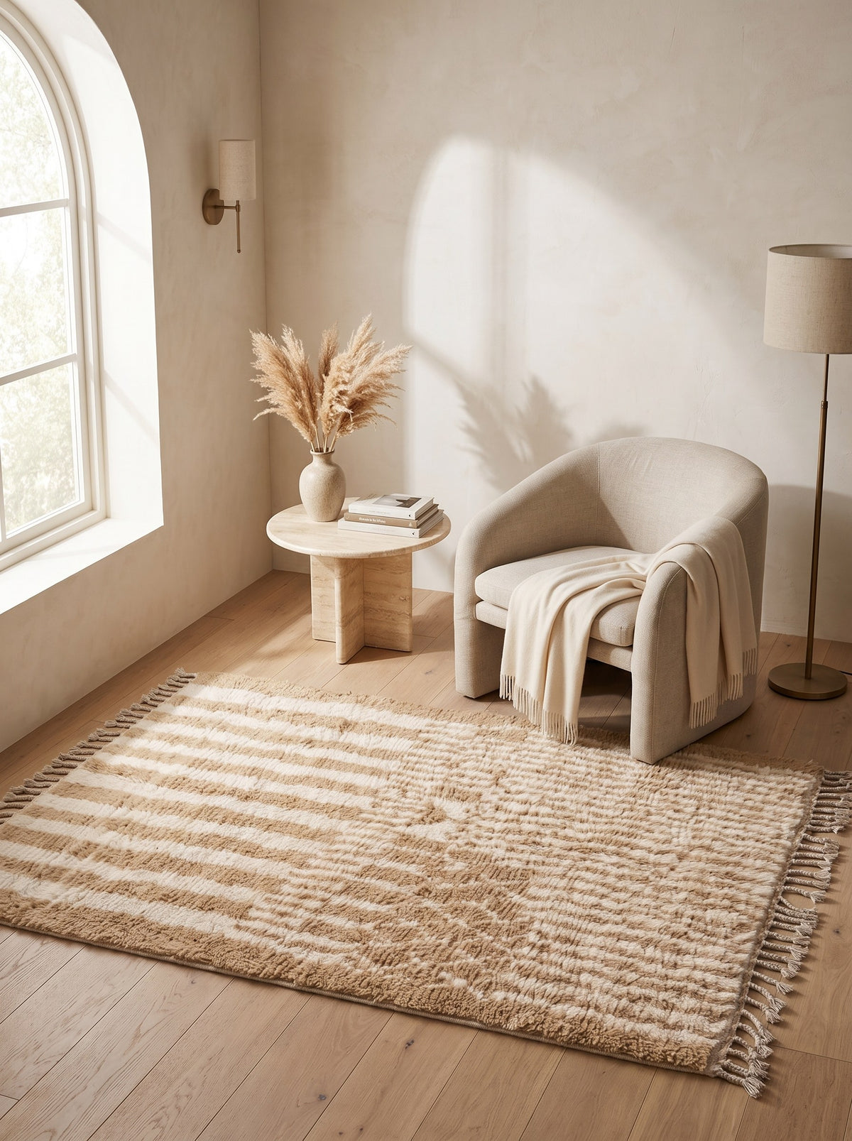 Tapis berbère à rayures beige Tanezruft dans un coin lecture, noué main au Maroc