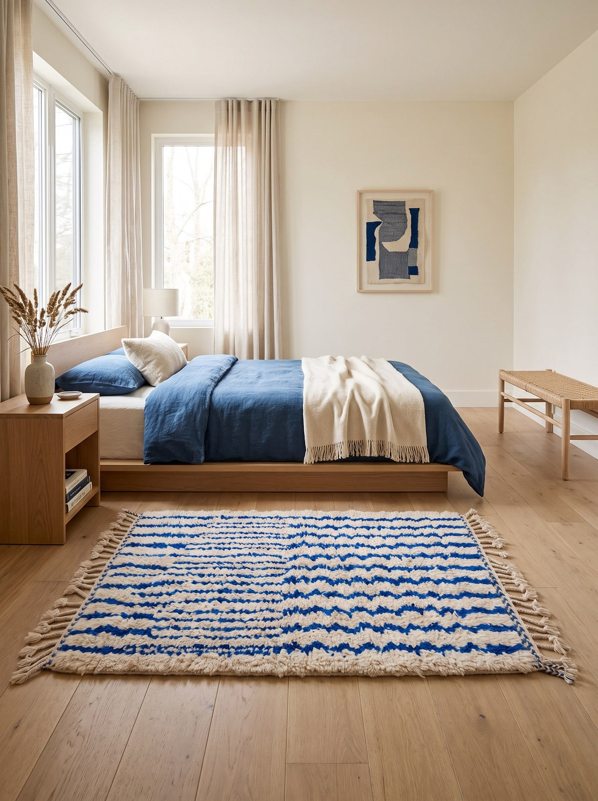 Tapis berbère à rayures blanc et bleu Ageffur dans une chambre, noué main au Maroc